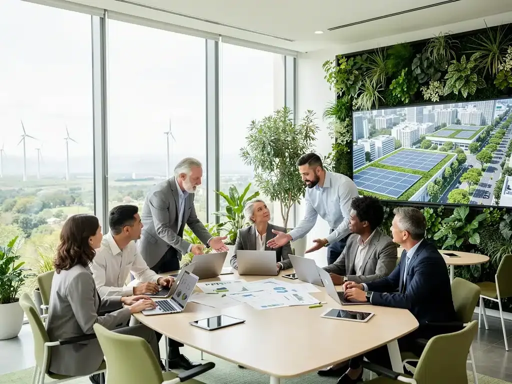 Profesionales discutiendo estrategias de inversión sustentable en una oficina moderna y ecológica en México.
