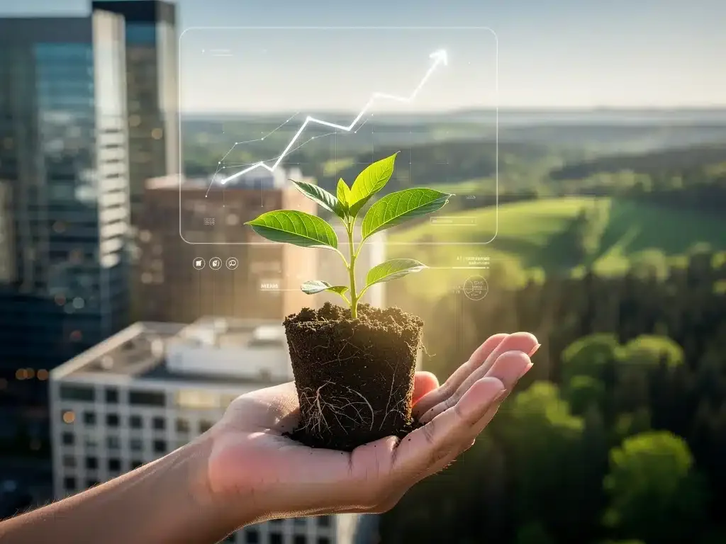 Mano sosteniendo un árbol joven con un paisaje urbano-natural de fondo, simbolizando el crecimiento de las inversiones verdes en México.
