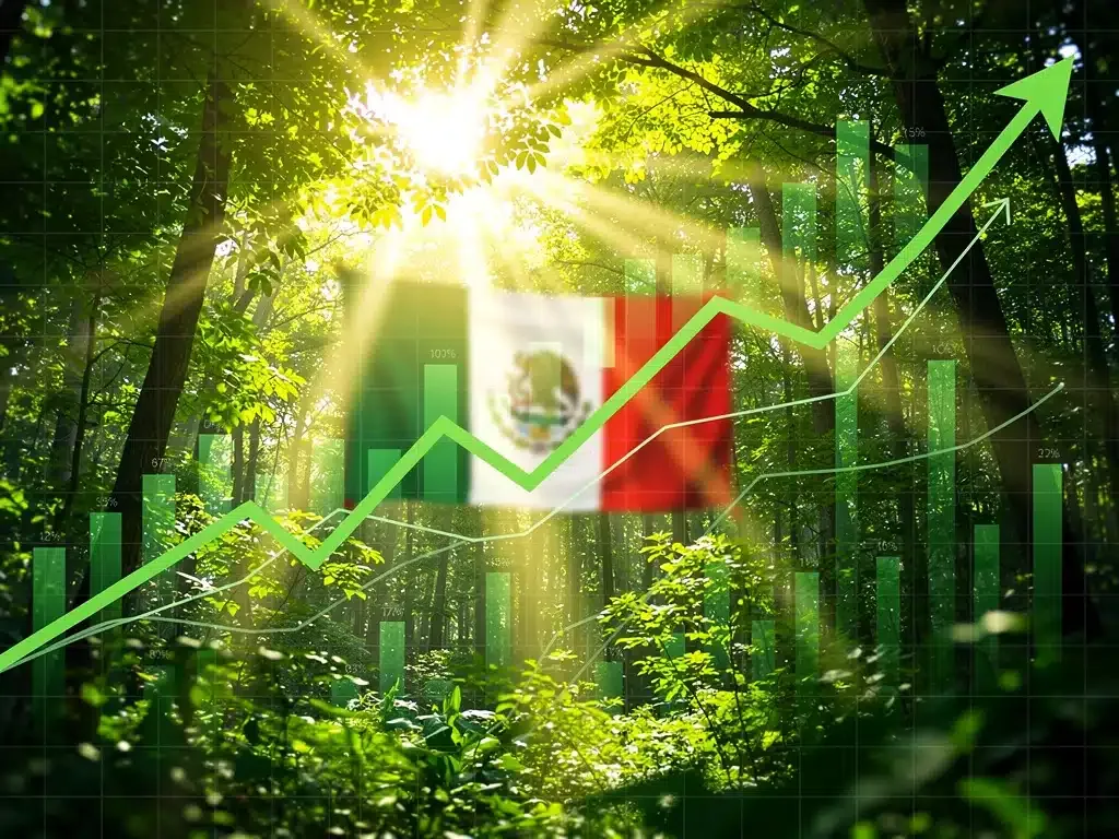 Bosque verde con gráficos financieros superpuestos, representando el crecimiento de los fondos de inversión sustentables en México.
