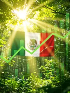Bosque verde con gráficos financieros superpuestos, representando el crecimiento de los fondos de inversión sustentables en México.