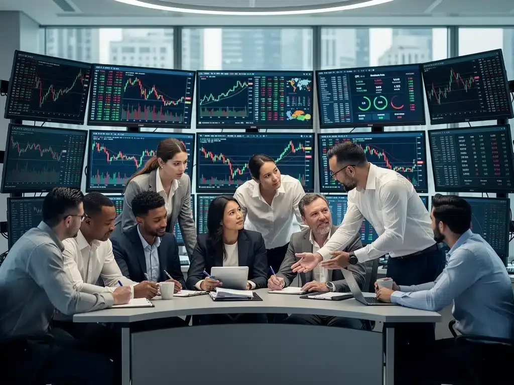 Analistas financieros revisando gráficos del tipo de cambio y estrategias con el dólar en México.