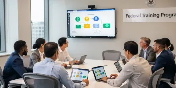 Profesionales diversos participando en un programa de reentrenamiento laboral financiado por el gobierno federal para 2026.