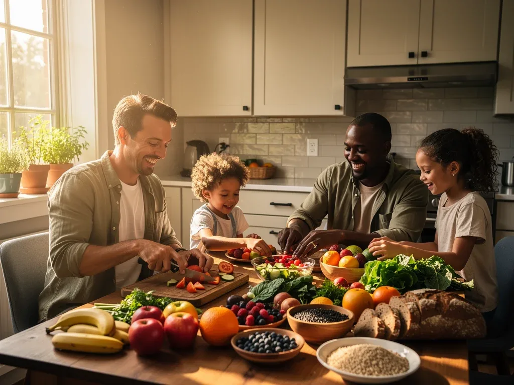 Familia feliz en la cocina con alimentos frescos, simbolizando la asistencia alimentaria.