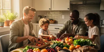 Familia feliz en la cocina con alimentos frescos, simbolizando la asistencia alimentaria.