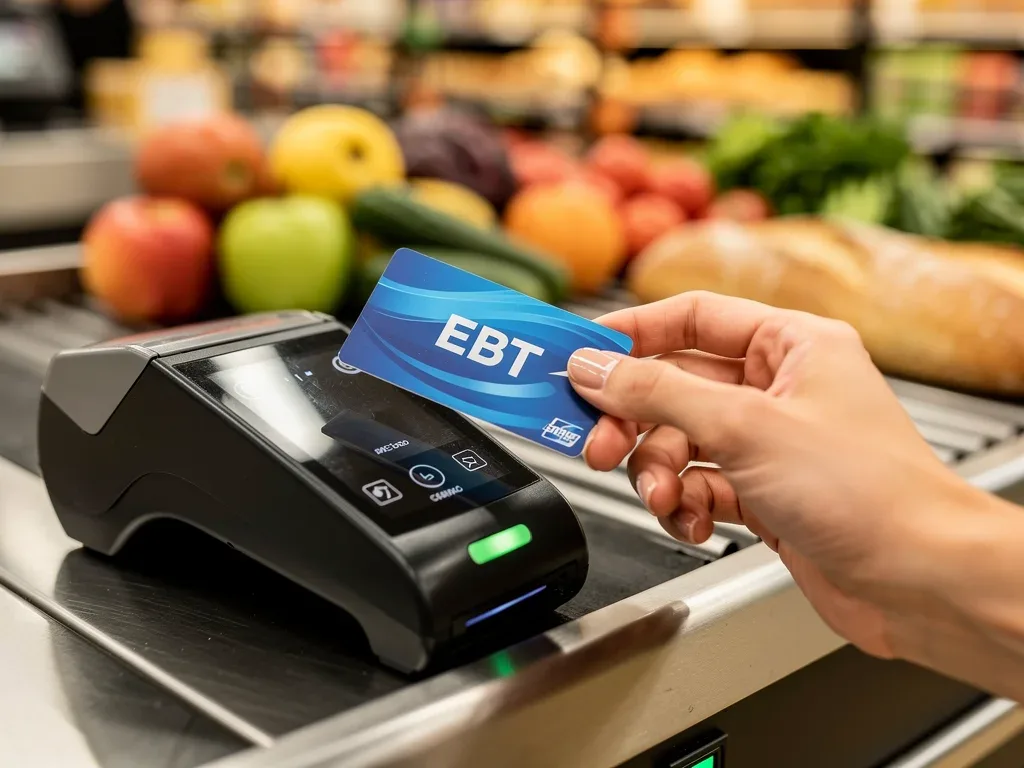Tarjeta EBT siendo utilizada en una tienda de comestibles para comprar alimentos.