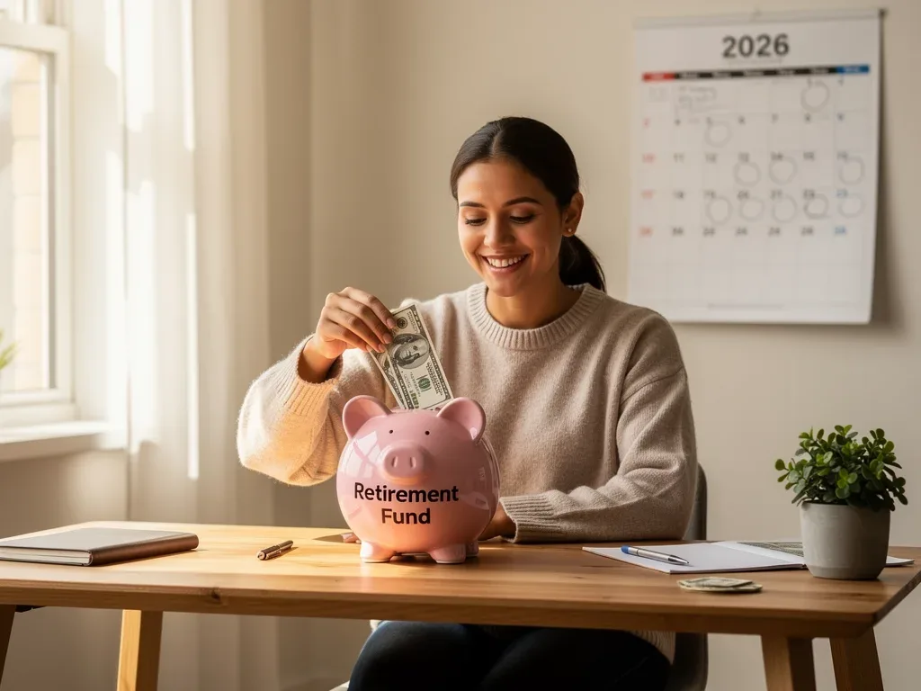 Persona depositando dinero en una alcancía para su fondo de jubilación en 2026.