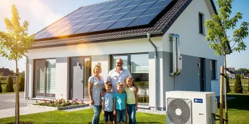 Familia feliz frente a su hogar con paneles solares y bomba de calor, simbolizando los créditos fiscales por energía limpia.
