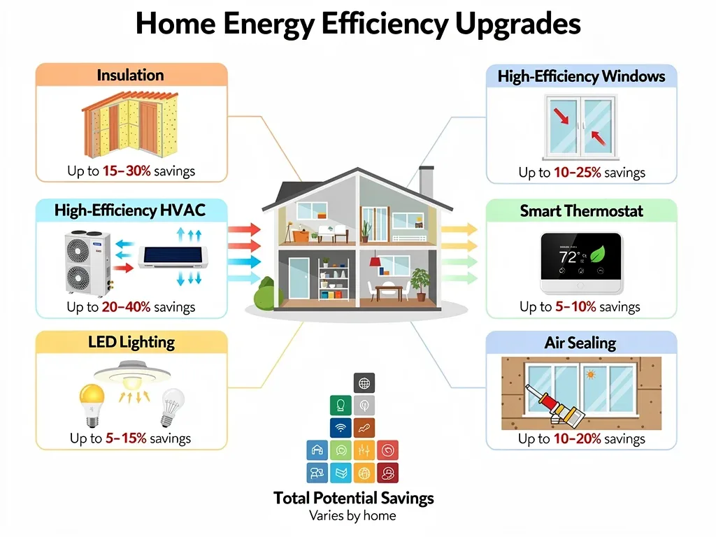Infografía de mejoras en el hogar para eficiencia energética, mostrando aislamiento y ventanas nuevas.