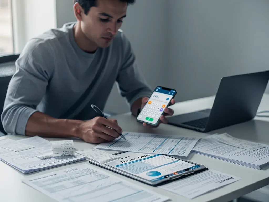 Persona revisando documentos fiscales y calculadora para créditos por energía limpia.