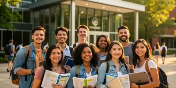 Estudiantes diversos celebrando el acceso a beneficios educativos 2026 y becas federales frente a un campus universitario moderno.